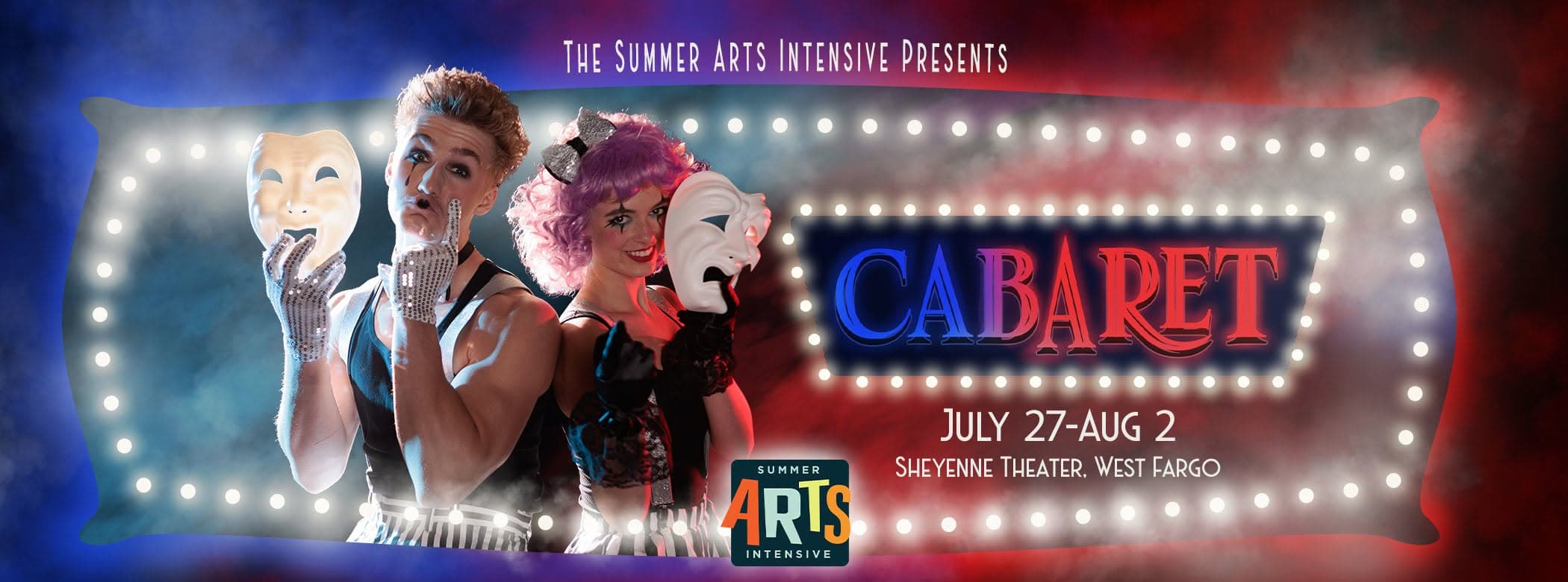 A wide Cabaret web banner: two performers back to back holding comedy and tragedy masks, the bulb-lit title to their right.