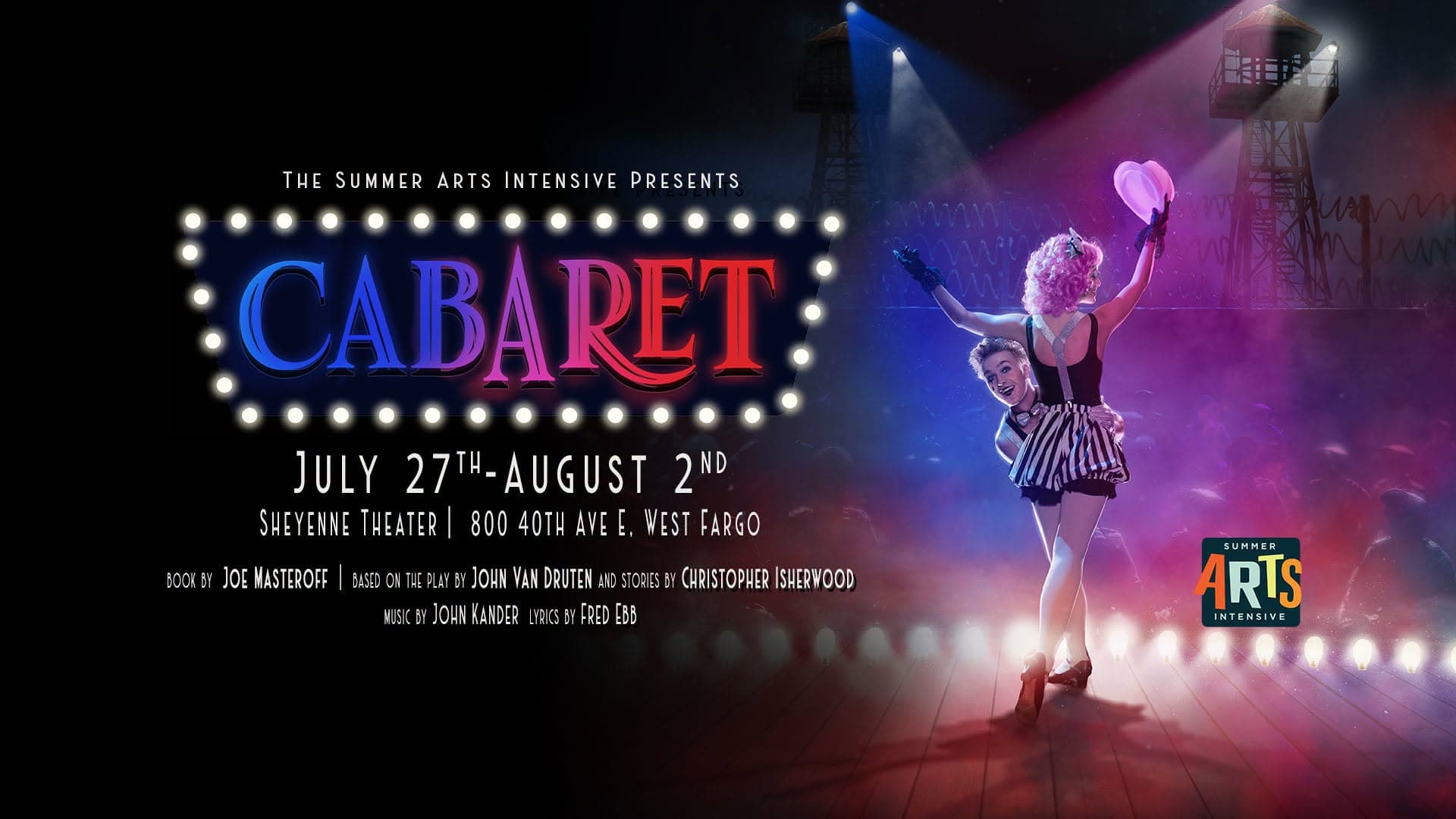 The Cabaret key art laid out sixteen-by-nine, title and dates stacked left, the dancer and guard towers right.