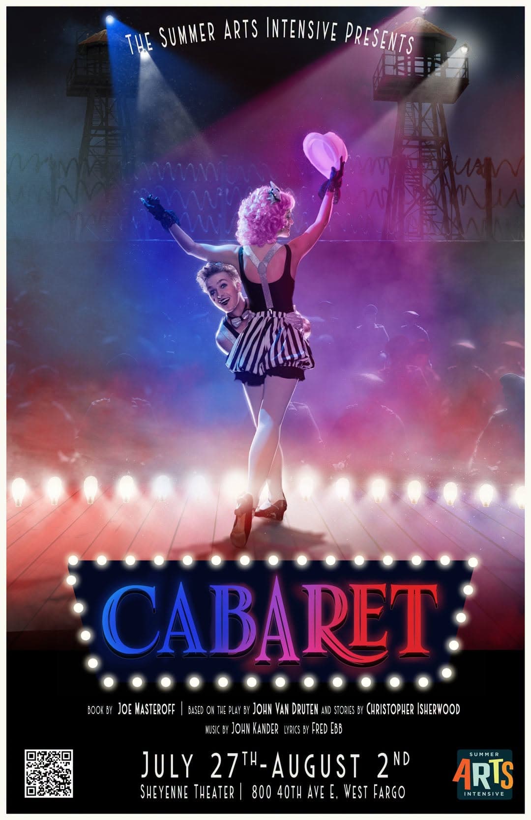 The Cabaret one-sheet: a performer in a pink wig raising a hat on a footlit stage, guard towers and barbed wire behind her, the title in bulb-lit marquee letters below.