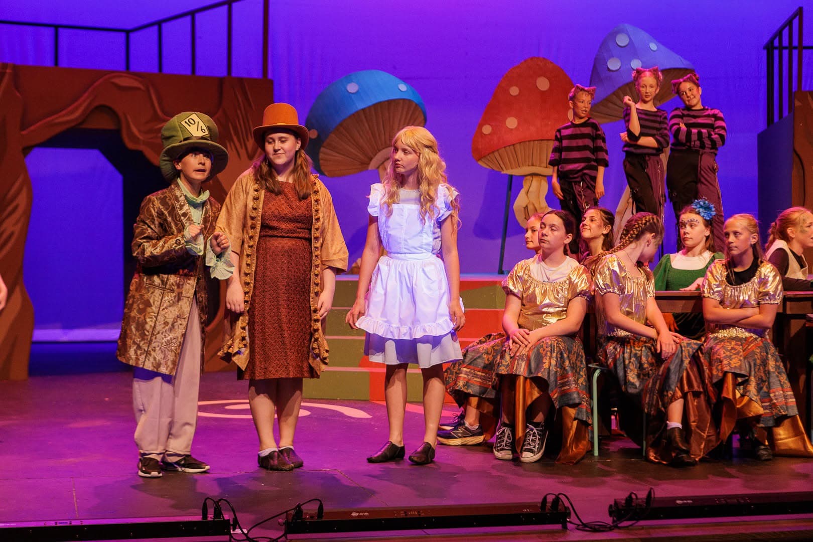 Alice in a blue pinafore between two hatted characters, the ensemble seated on painted mushroom steps behind.